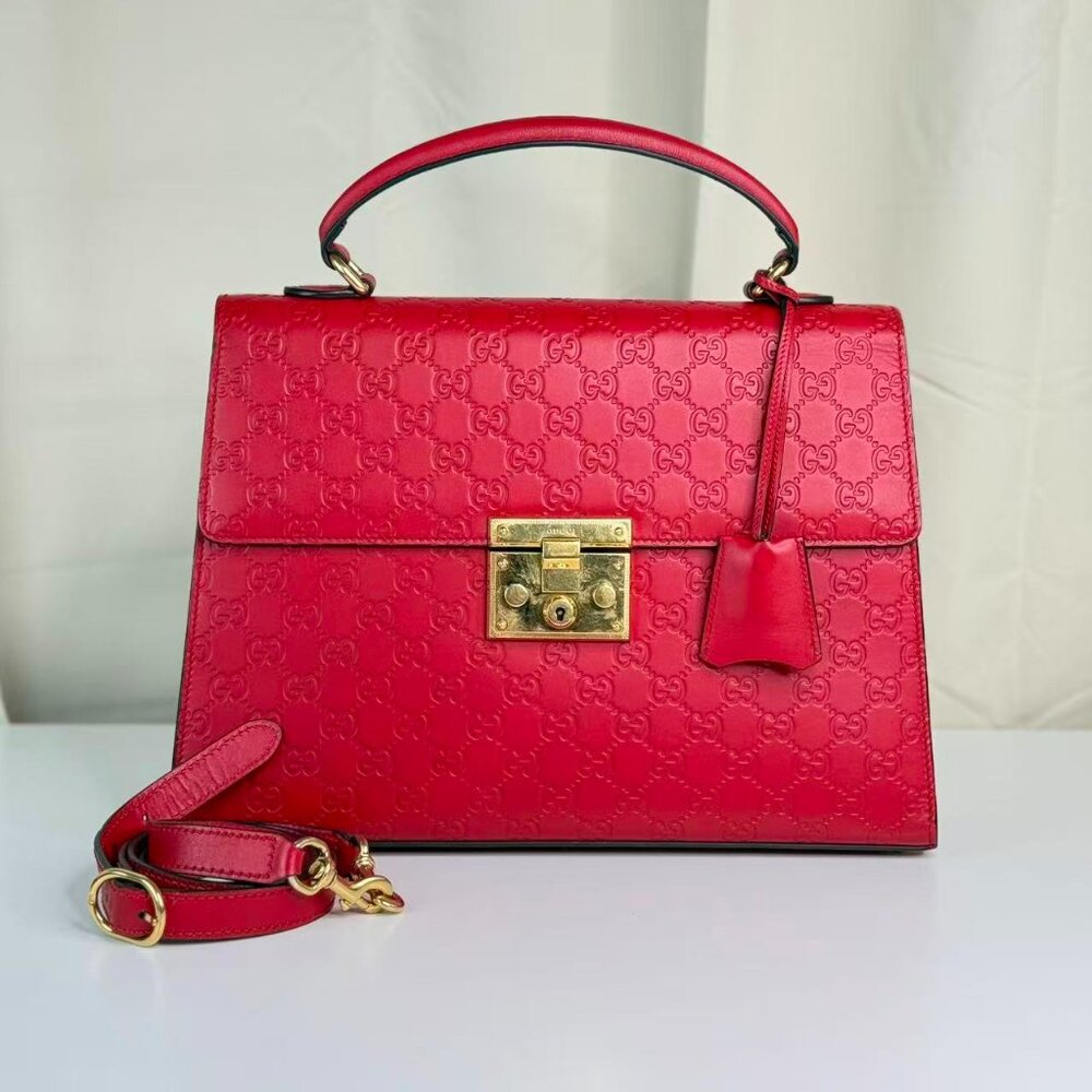 Gucci GG Logo Printed Red Leather Padlock Shoulder Bag with Gold Tone Lock
